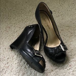 {Jessica Simpson} Black Leather Wedges
